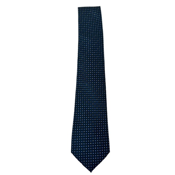 SADDLEBRED - POLYESTER‎ & SILK BLEND NECKTIE - NAVY WITH BLUE & SILVER DOTS - Picture 1 of 4
